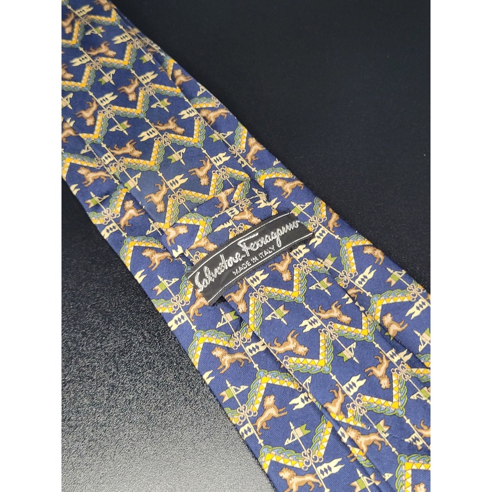 Salvatore Ferragamo Mens Silk Tie Blue Lion Flag Pattern Made in Italy